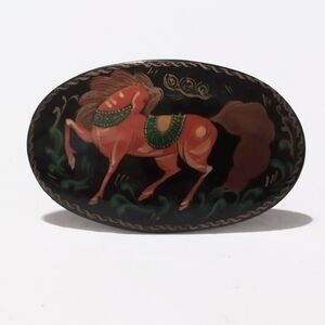 Vintage Black Lacquer Ware Hand Painted Horse Themed Brooch
